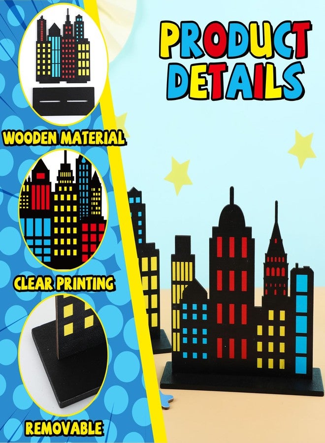 Oitnlaughter 6Pcs Hero Theme Party Decorations Skyscraper Wooden Centerpieces Colorful City Skyline Buildings Silhouette Table Decorations Sign Hero Cityscape Desk Decor for Comic Birthday Baby Shower Supplies - Image 3